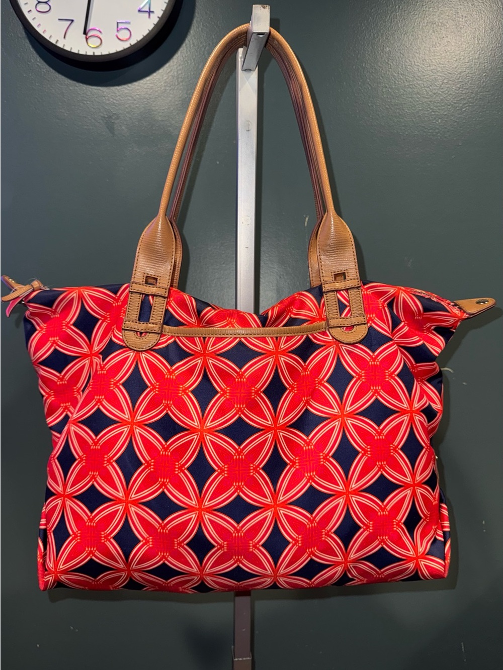 Stella & Dot Navy and Red Geometric Shoulder Tote with Tan Handles